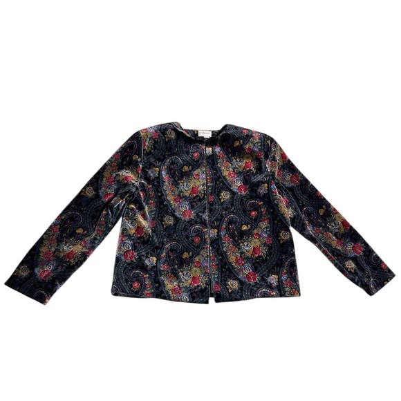Women's Vintage Orvis Paisley Floral Velvet Velour Silk in Open Blazer Jacket 18 - Picture 1 of 6